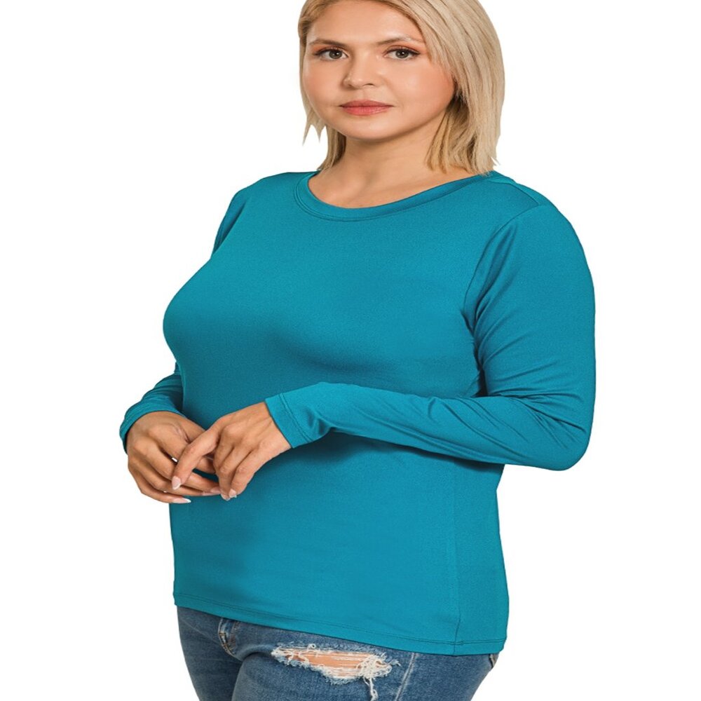 Zenana Plus brushed microfiber long sleeve round neck tee Ocean Teal 1X-3X